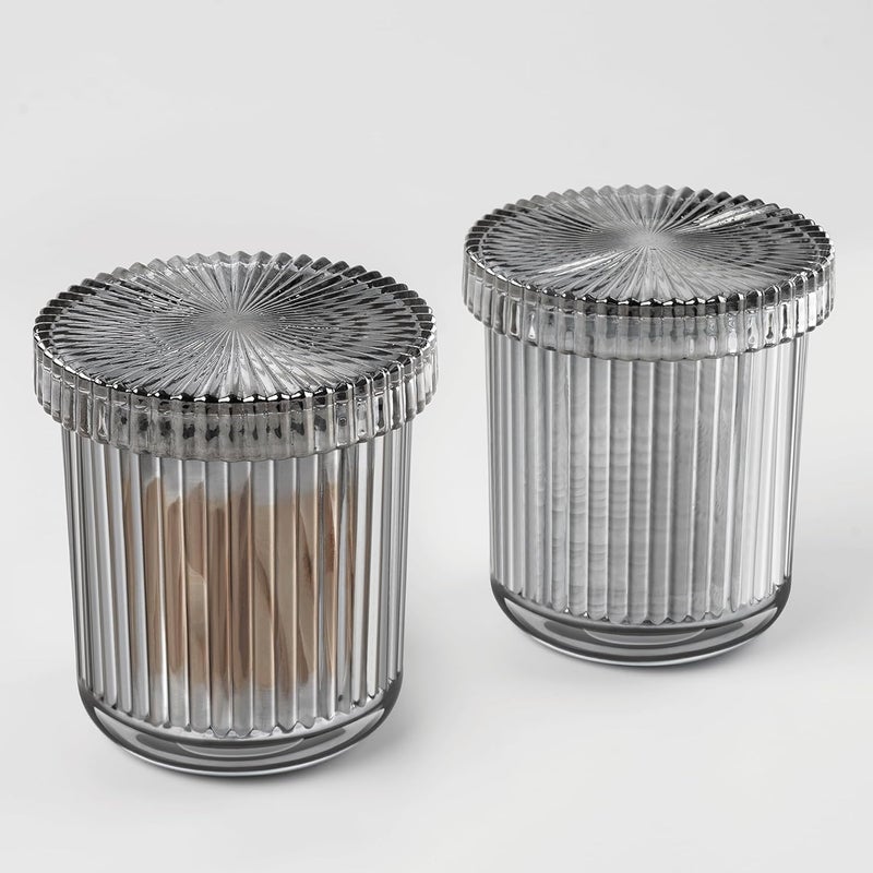 MKOSAB 2 Pack Qtip Holder - Apothecary Jars with Lids, Bathroom Organizers and Storage Canister for Cotton Balls,Swabs,Floss Picks,Hair Ties,Clear Glass Vintage Bathroom Decor Jar Set (Gray) - Image 3